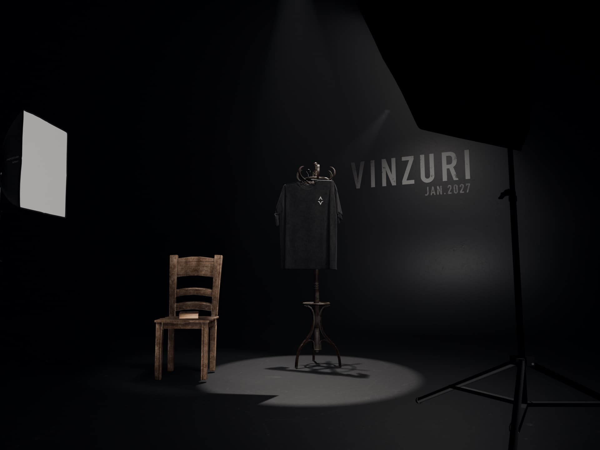 A black Vinzuri tee on a wooden stand under a single spotlight